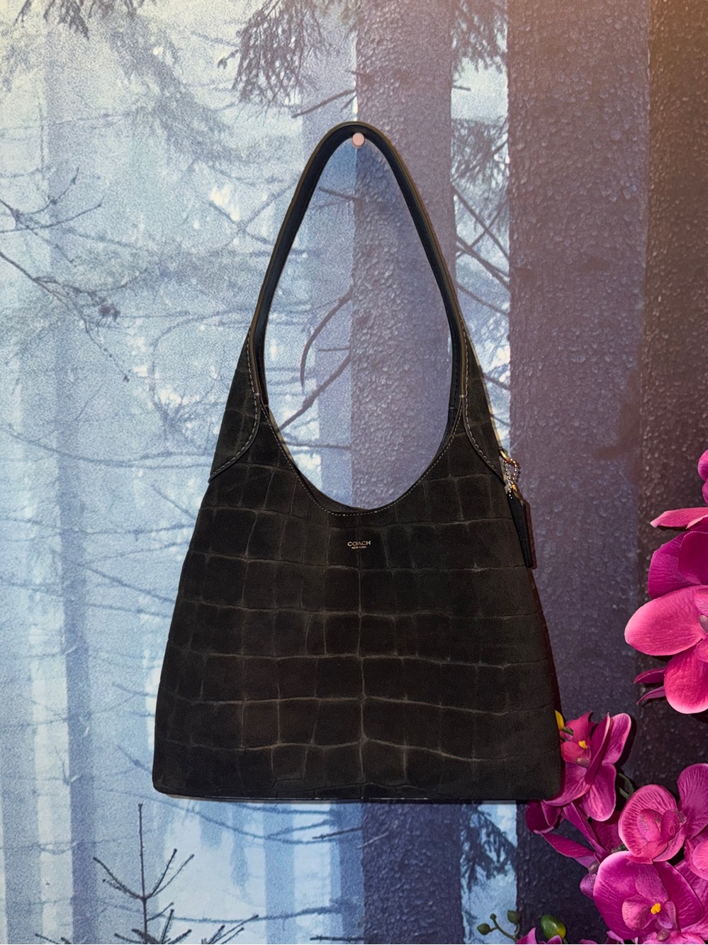 Coach Brooklyn 28 Black Croc-Embossed Shoulder Bag